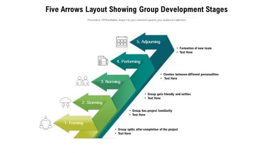 Five Arrows Layout Showing Group Development Stages Ppt PowerPoint Presentation Icon