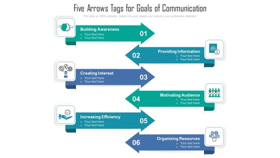 Five Arrows Tags For Goals Of Communication Ppt PowerPoint Presentation File Maker PDF