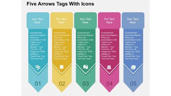 Five Arrows Tags With Icons Powerpoint Templates