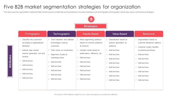 Five B2B Market Segmentation Strategies For Organization Icons PDF