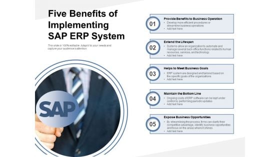 Five Benefits Of Implementing SAP ERP System Ppt PowerPoint Presentation Professional Example Introduction PDF