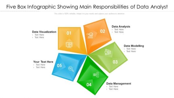Five Box Infographic Showing Main Responsibilities Of Data Analyst Ppt PowerPoint Presentation File Examples PDF