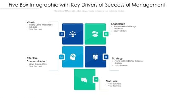 Five Box Infographic With Key Drivers Of Successful Management Ppt PowerPoint Presentation File Themes PDF