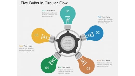 Five Bulbs In Circular Flow Powerpoint Templates