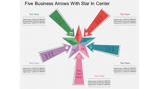 Five Business Arrows With Star In Center Powerpoint Template