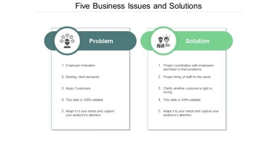 Five Business Issues And Solutions Ppt PowerPoint Presentation Inspiration Outline