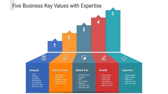 Five Business Key Values With Expertise Ppt PowerPoint Presentation Gallery Background Designs PDF