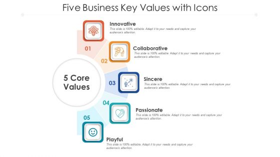 Five Business Key Values With Icons Ppt PowerPoint Presentation File Objects PDF