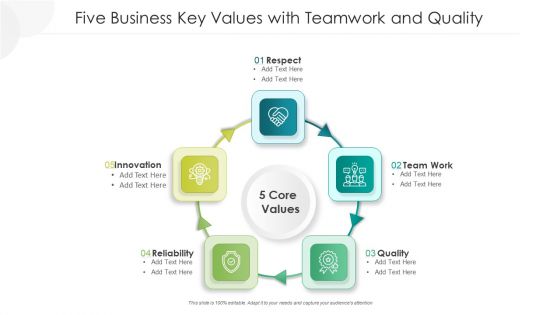 Five Business Key Values With Teamwork And Quality Ppt PowerPoint Presentation Gallery Shapes PDF