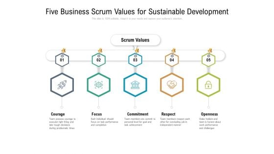 Five Business Scrum Values For Sustainable Development Ppt PowerPoint Presentation Ideas Master Slide PDF