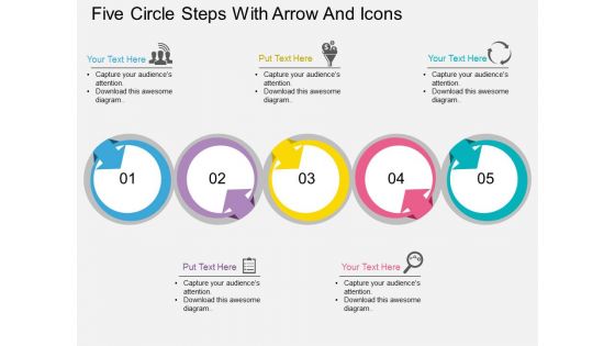 Five Circle Steps With Arrow And Icons Powerpoint Template