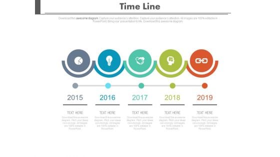 Five Circles Linear Timeline Chart With Icons Powerpoint Slides