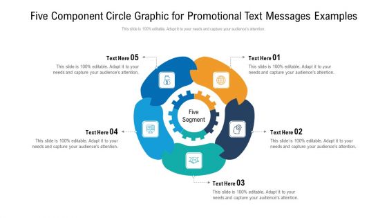 Five Component Circle Graphic For Promotional Text Messages Examples Ppt PowerPoint Presentation Icon Deck PDF