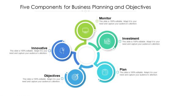 Five Components For Business Planning And Objectives Ppt PowerPoint Presentation Gallery Outfit PDF