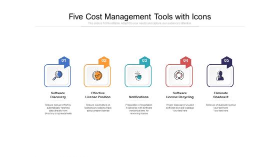 Five Cost Management Tools With Icons Ppt PowerPoint Presentation File Ideas PDF