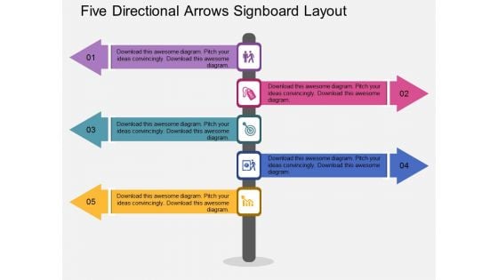 Five Directional Arrows Signboard Layout Powerpoint Template