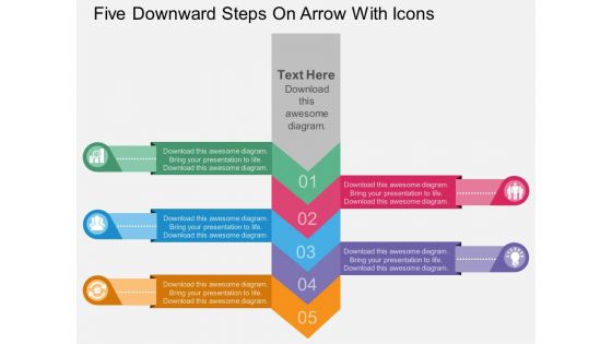 Five Downward Steps On Arrow With Icons Powerpoint Template