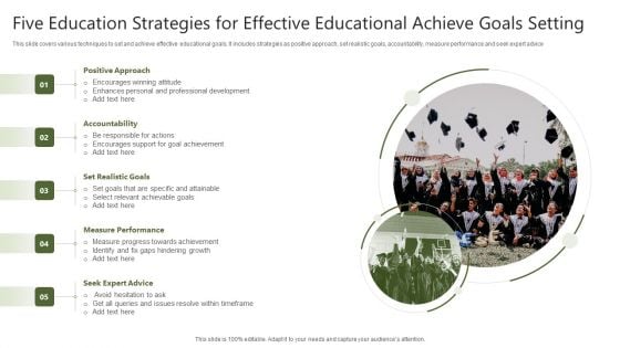 Five Education Strategies For Effective Educational Achieve Goals Setting Mockup PDF