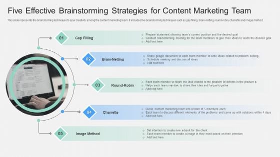 Five Effective Brainstorming Strategies For Content Marketing Team Ppt Styles Layouts PDF