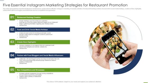 Five Essential Instagram Marketing Strategies For Restaurant Promotion Background PDF