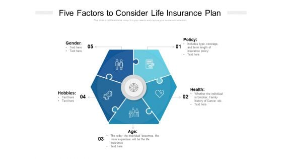 Five Factors To Consider Life Insurance Plan Ppt PowerPoint Presentation Styles Design Inspiration PDF