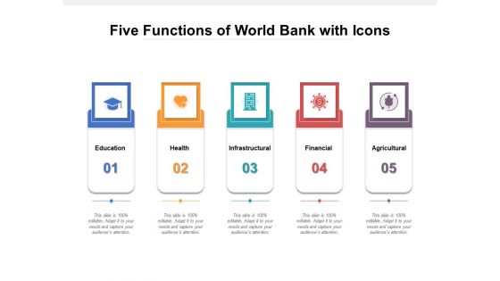 Five Functions Of World Bank With Icons Ppt PowerPoint Presentation Gallery Format Ideas PDF