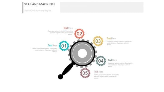 Five Gears Around Magnifier Powerpoint Slides