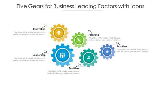 Five Gears For Business Leading Factors With Icons Ppt PowerPoint Presentation File Example PDF