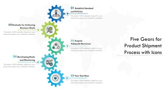 Five Gears For Product Shipment Process With Icons Ppt PowerPoint Presentation File Inspiration PDF