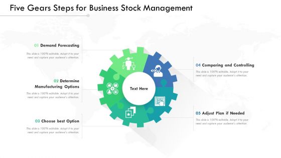 Five Gears Steps For Business Stock Management Ppt PowerPoint Presentation Gallery Graphics PDF