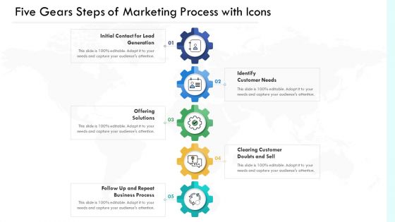 Five Gears Steps Of Marketing Process With Icons Ppt PowerPoint Presentation File Demonstration PDF