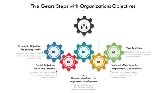 Five Gears Steps With Organizations Objectives Ppt PowerPoint Presentation Gallery Example PDF