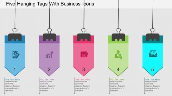 Five Hanging Tags With Business Icons Powerpoint Templates
