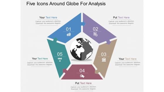 Five Icons Around Globe For Analysis Powerpoint Templates