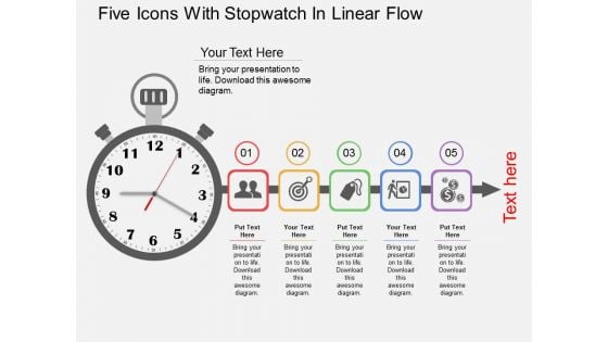 Five Icons With Stopwatch In Linear Flow Powerpoint Templates