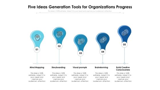 Five Ideas Generation Tools For Organizations Progress Ppt PowerPoint Presentation Styles Backgrounds PDF