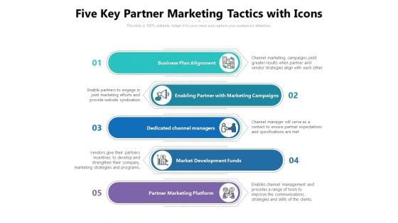 Five Key Partner Marketing Tactics With Icons Ppt PowerPoint Presentation Portfolio Structure PDF