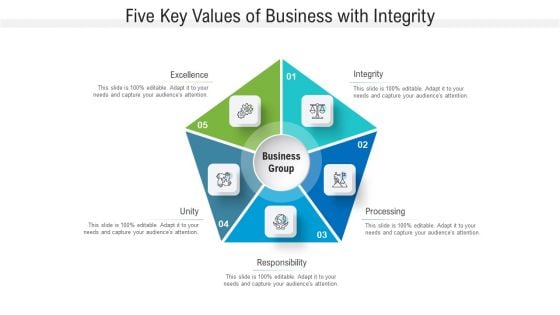 Five Key Values Of Business With Integrity Ppt PowerPoint Presentation File Pictures PDF