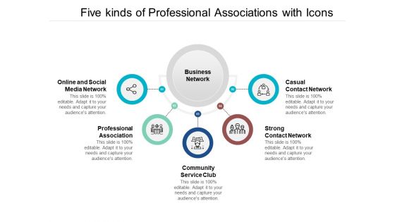 Five Kinds Of Professional Associations With Icons Ppt Powerpoint Presentation Inspiration Aids