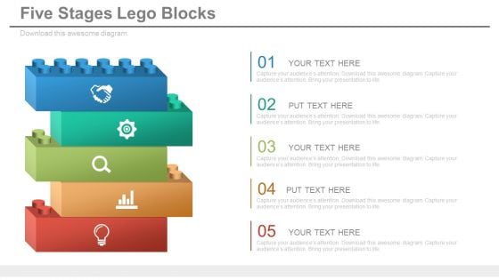 Five Lego Blocks With Business Icons Powerpoint Slides