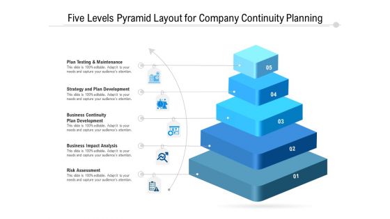 Five Levels Pyramid Layout For Company Continuity Planning Ppt PowerPoint Presentation Gallery Inspiration PDF