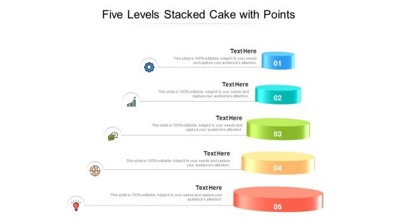 Five Levels Stacked Cake With Points Ppt PowerPoint Presentation Ideas Inspiration PDF