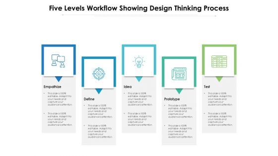 Five Levels Workflow Showing Design Thinking Process Ppt PowerPoint Presentation Gallery Guidelines PDF