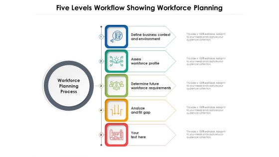 Five Levels Workflow Showing Workforce Planning Ppt PowerPoint Presentation Gallery Designs PDF