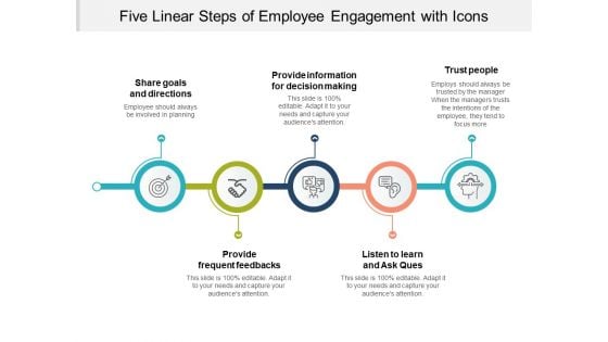 Five Linear Steps Of Employee Enagement With Icons Ppt PowerPoint Presentation Styles Example Introduction