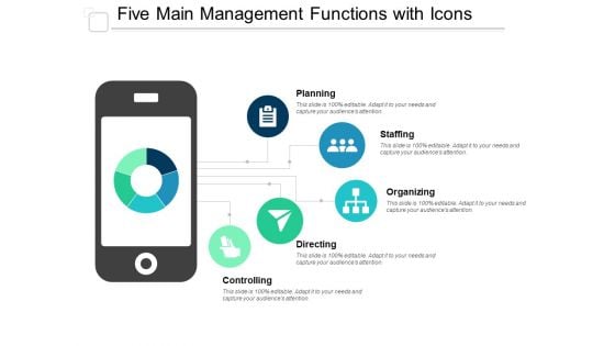 Five Main Management Functions With Icons Ppt Powerpoint Presentation Professional Deck