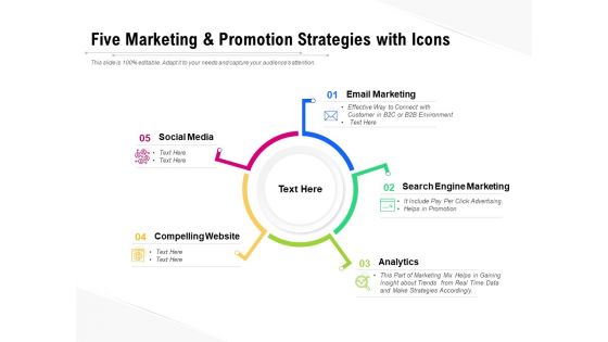 Five Marketing And Promotion Strategies With Icons Ppt PowerPoint Presentation Show Icon Five Marketing And Promotion Strategies With Icons Ppt PowerPoint Presentation Show Icon
