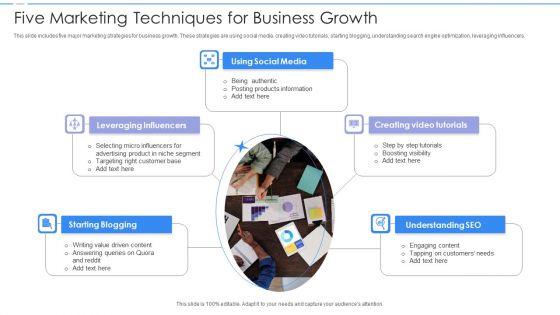 Five Marketing Techniques For Business Growth Ppt PowerPoint Presentation Inspiration Gallery PDF