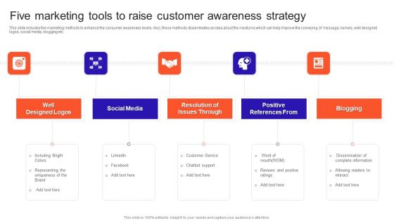 Five Marketing Tools To Raise Customer Awareness Strategy Themes PDF