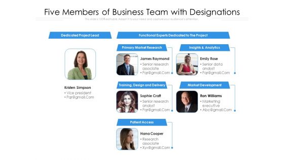 Five Members Of Business Team With Designations Ppt PowerPoint Presentation Ideas Graphics Pictures PDF